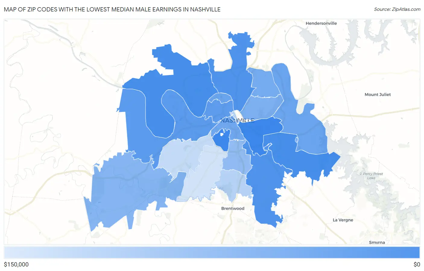 Zip Codes with the Lowest Median Male Earnings in Nashville Map
