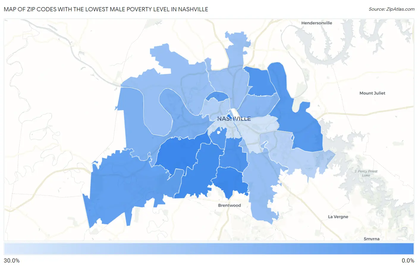 Zip Codes with the Lowest Male Poverty Level in Nashville Map