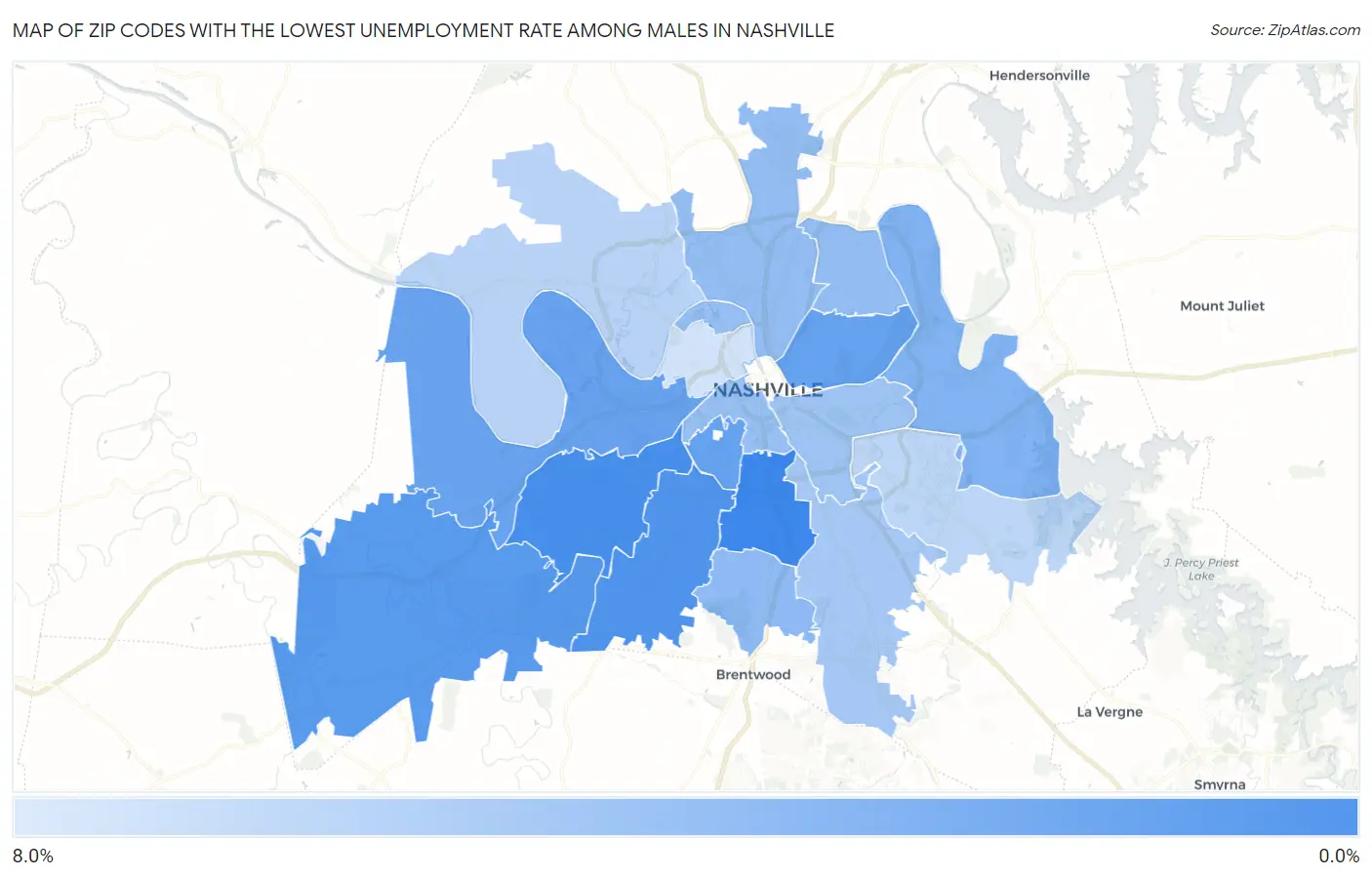 Zip Codes with the Lowest Unemployment Rate Among Males in Nashville Map