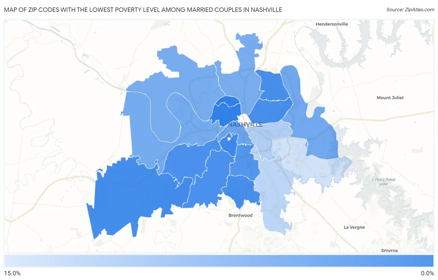 Zip Codes with the Lowest Poverty Level Among Married Couples in Nashville Map