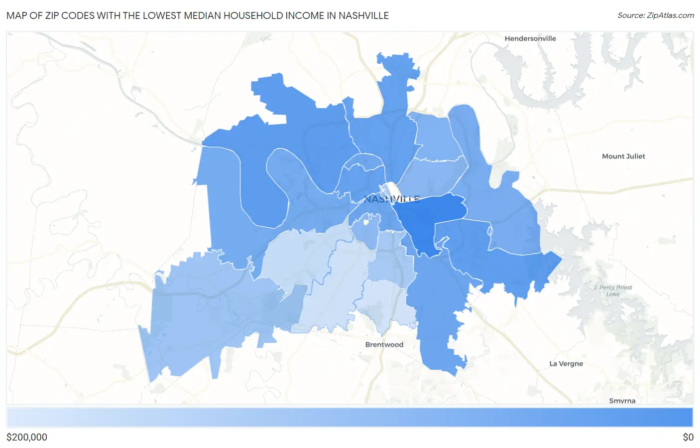 Zip Codes with the Lowest Median Household Income in Nashville Map