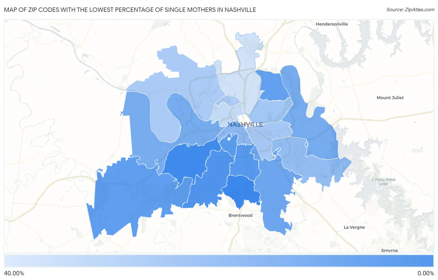 Zip Codes with the Lowest Percentage of Single Mothers in Nashville Map