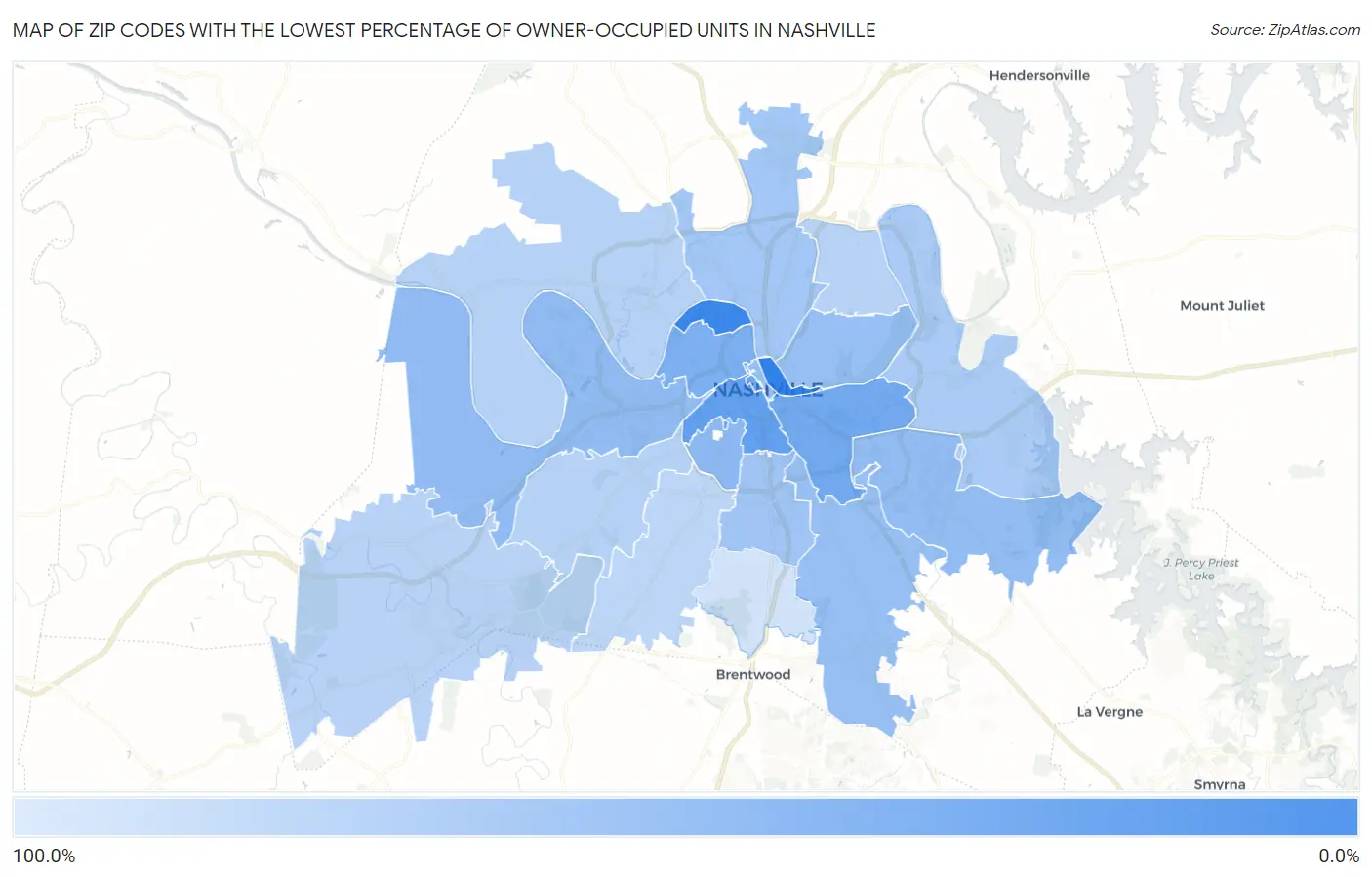 Zip Codes with the Lowest Percentage of Owner-Occupied Units in Nashville Map