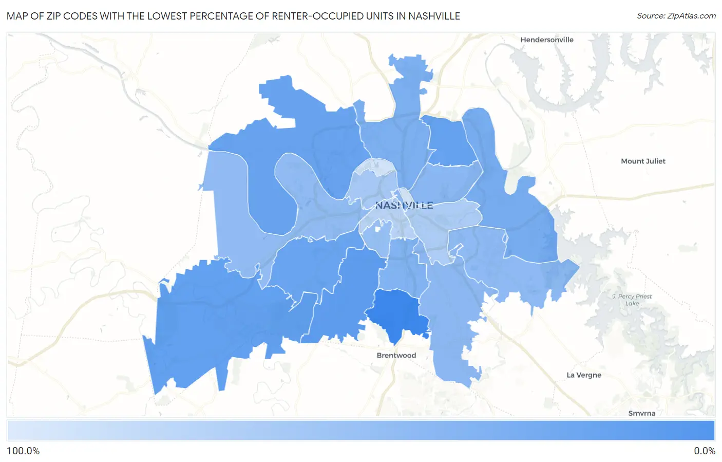 Zip Codes with the Lowest Percentage of Renter-Occupied Units in Nashville Map
