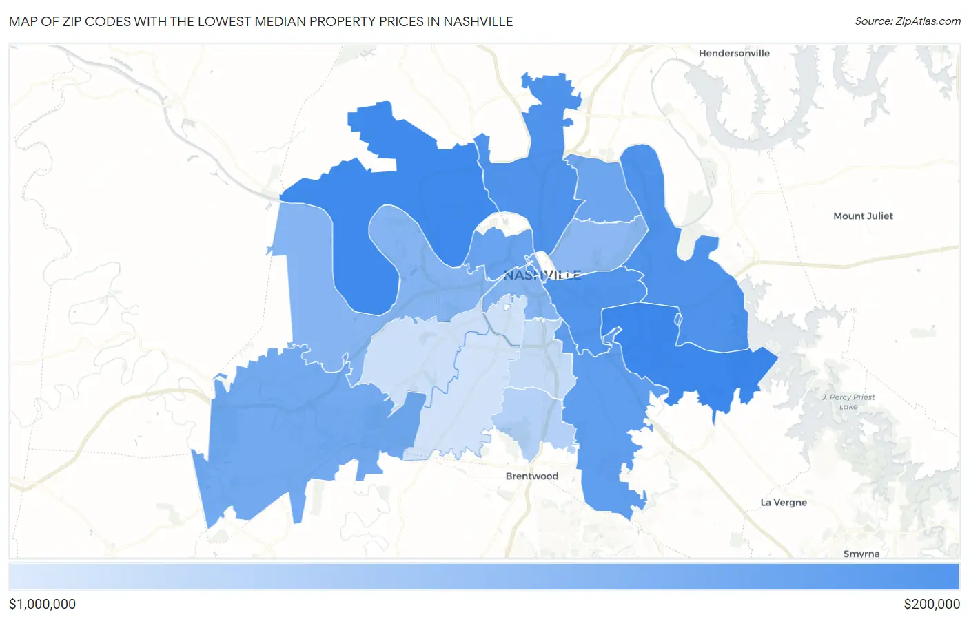 Zip Codes with the Lowest Median Property Prices in Nashville Map