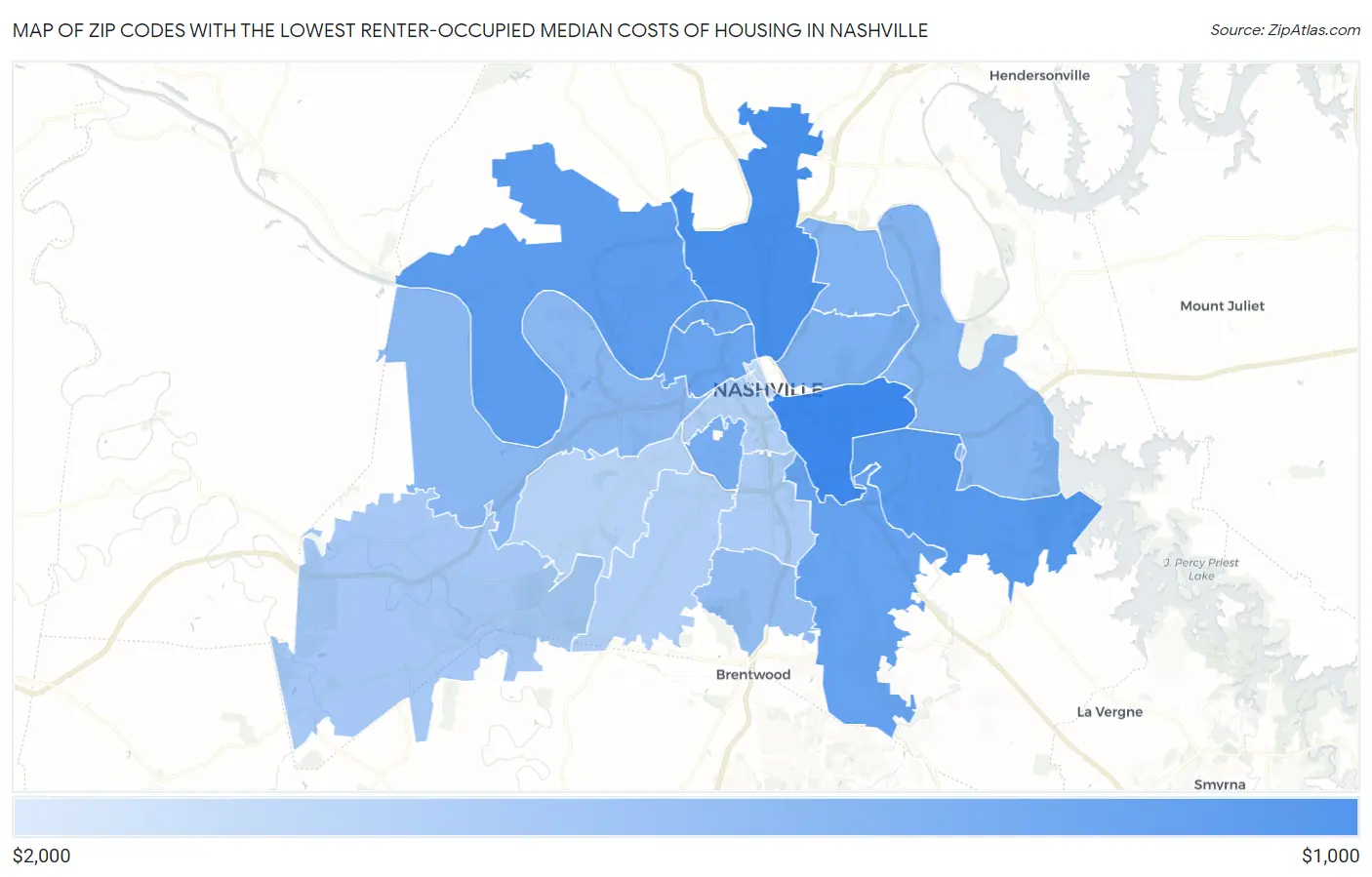 Zip Codes with the Lowest Renter-Occupied Median Costs of Housing in Nashville Map