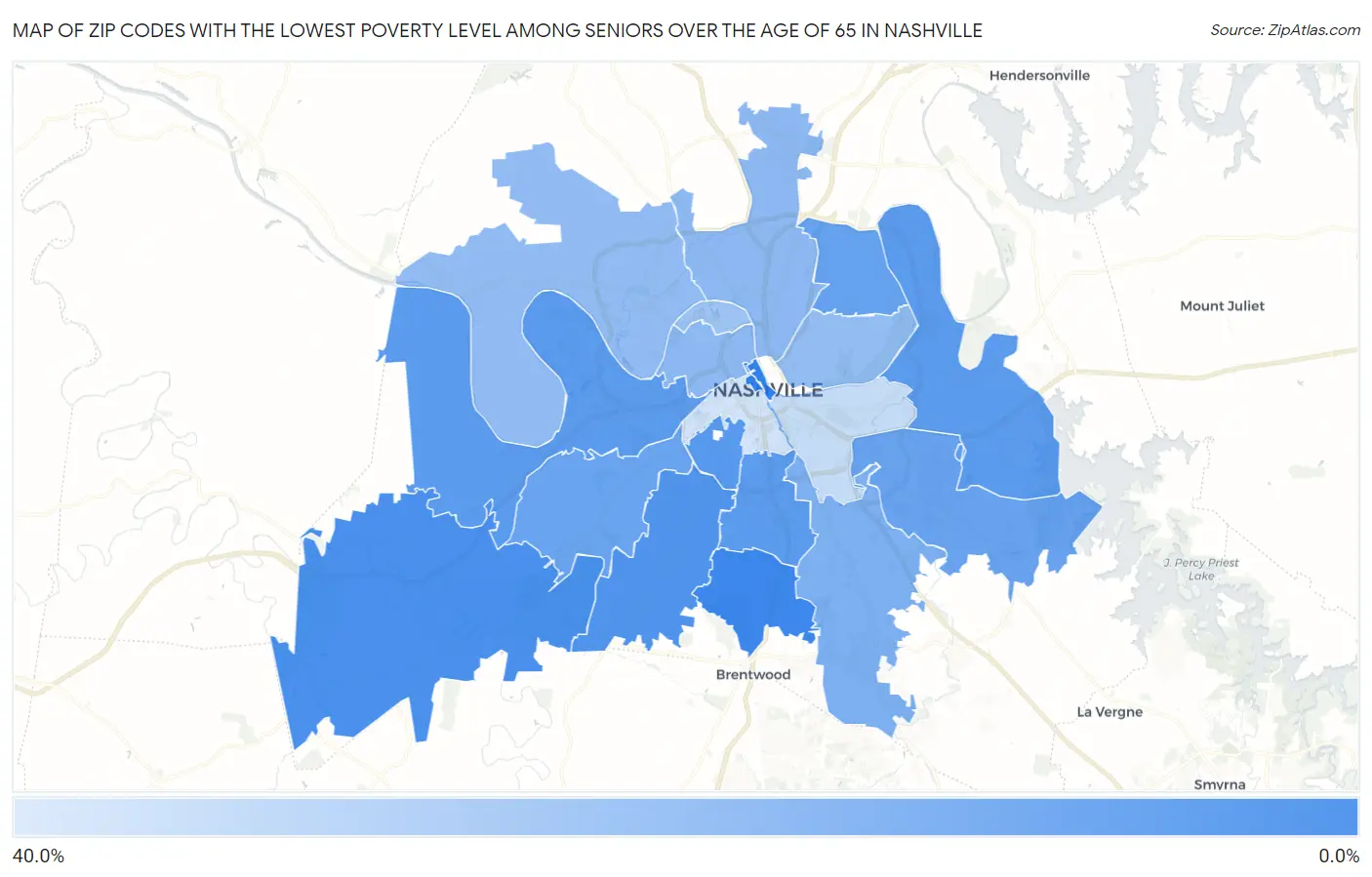 Zip Codes with the Lowest Poverty Level Among Seniors Over the Age of 65 in Nashville Map