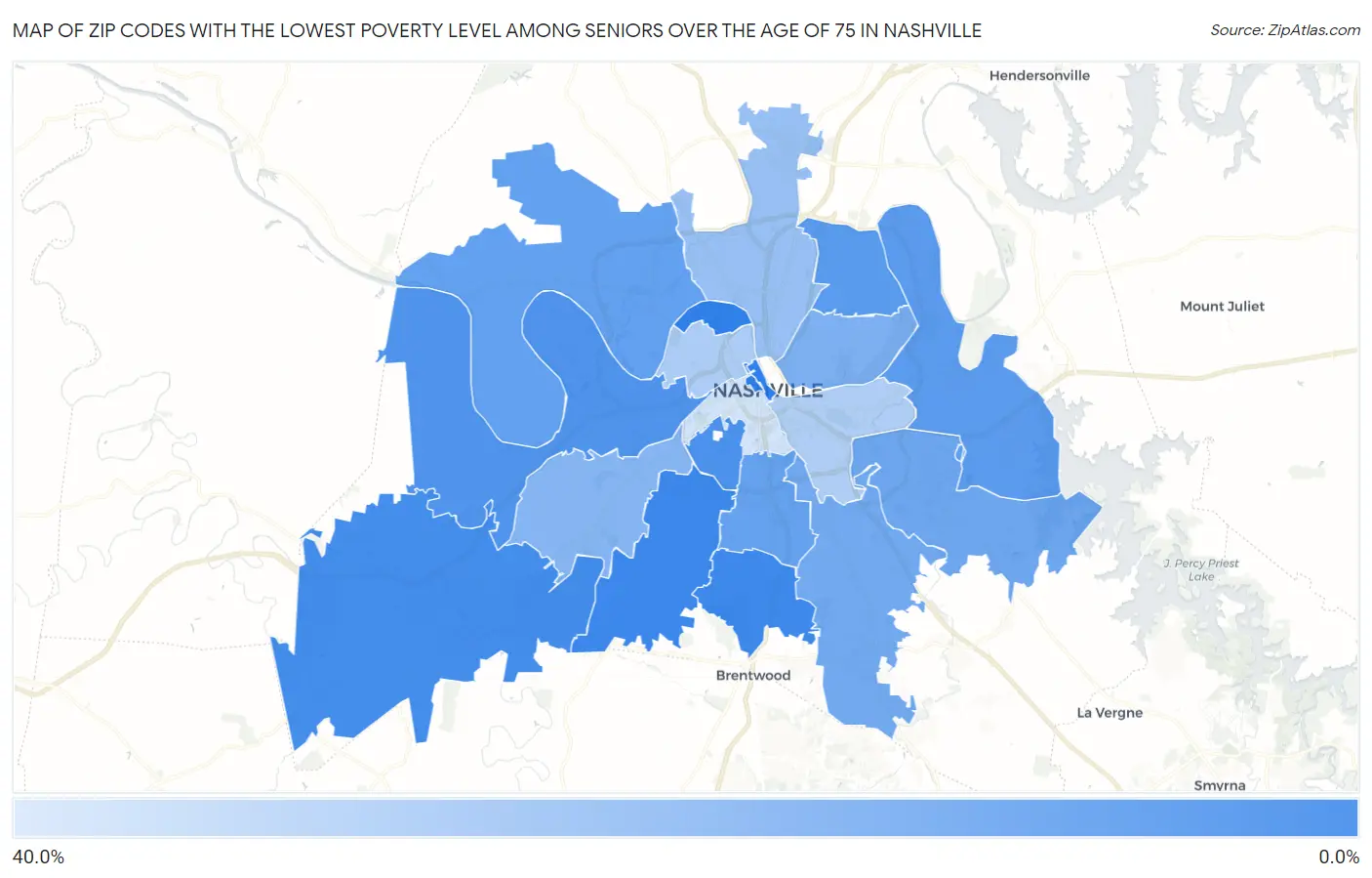 Zip Codes with the Lowest Poverty Level Among Seniors Over the Age of 75 in Nashville Map