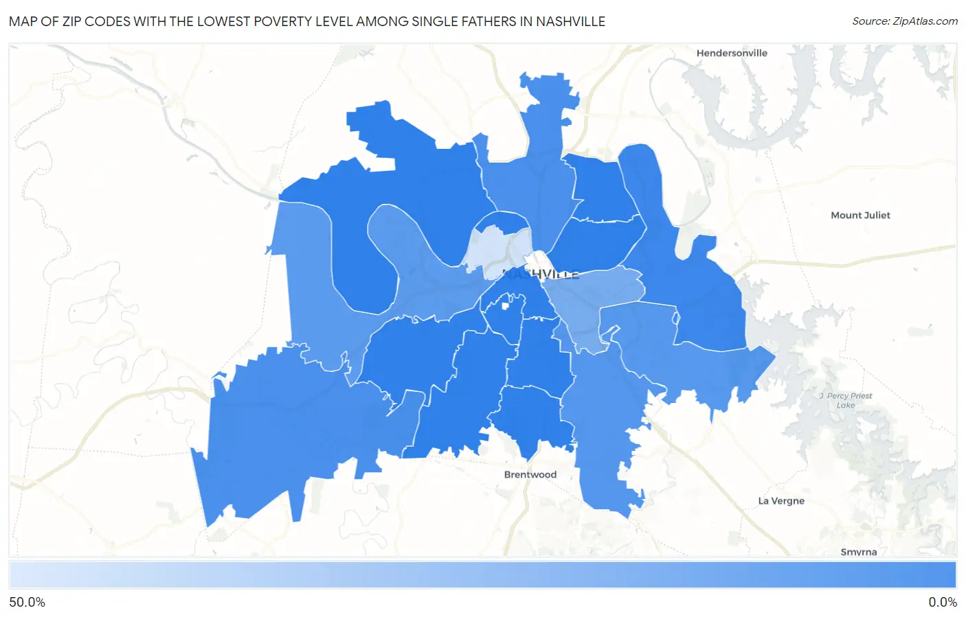 Zip Codes with the Lowest Poverty Level Among Single Fathers in Nashville Map