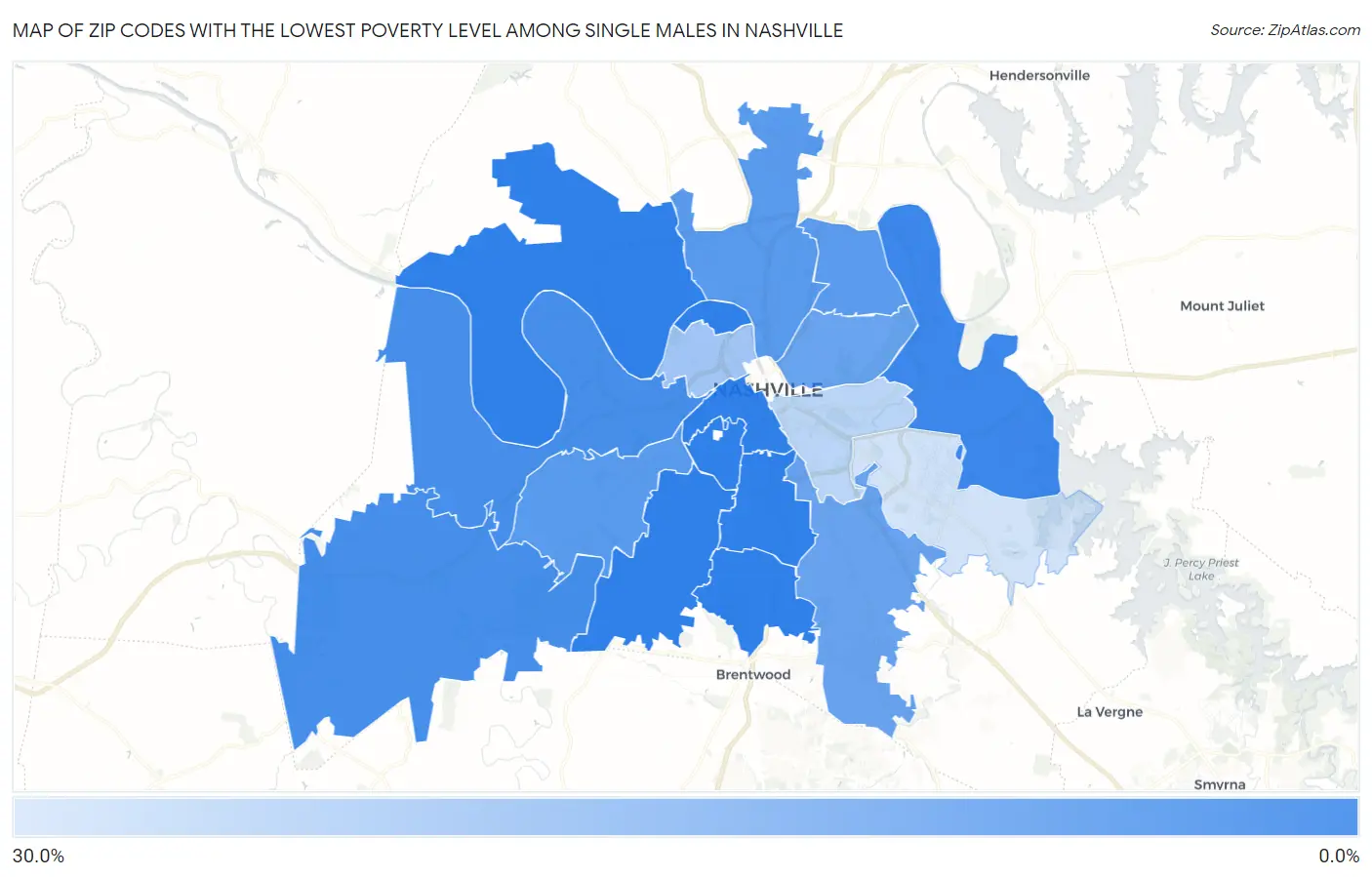 Zip Codes with the Lowest Poverty Level Among Single Males in Nashville Map