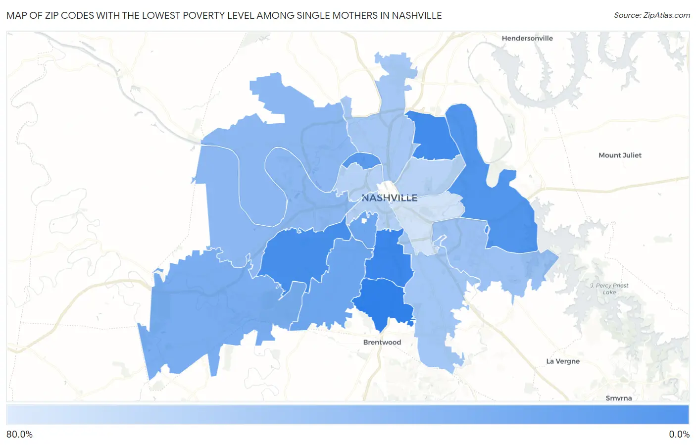 Zip Codes with the Lowest Poverty Level Among Single Mothers in Nashville Map