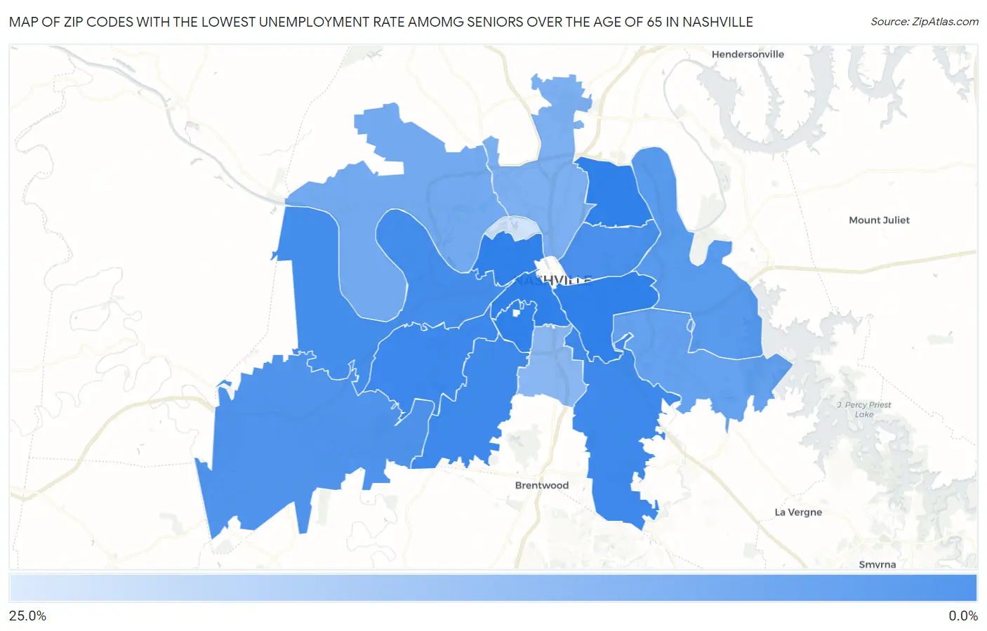 Zip Codes with the Lowest Unemployment Rate Amomg Seniors Over the Age of 65 in Nashville Map