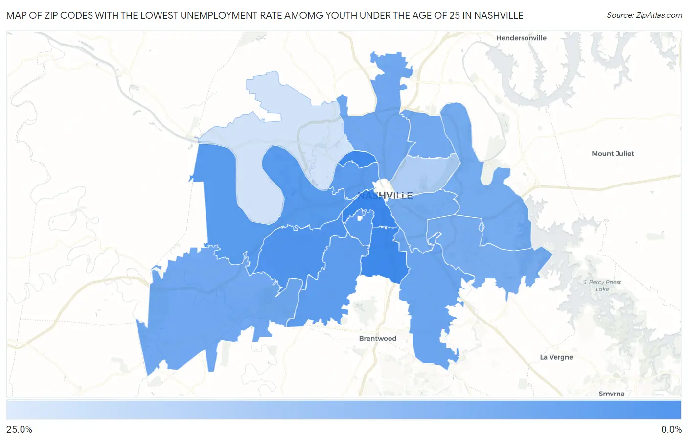 Zip Codes with the Lowest Unemployment Rate Amomg Youth Under the Age of 25 in Nashville Map
