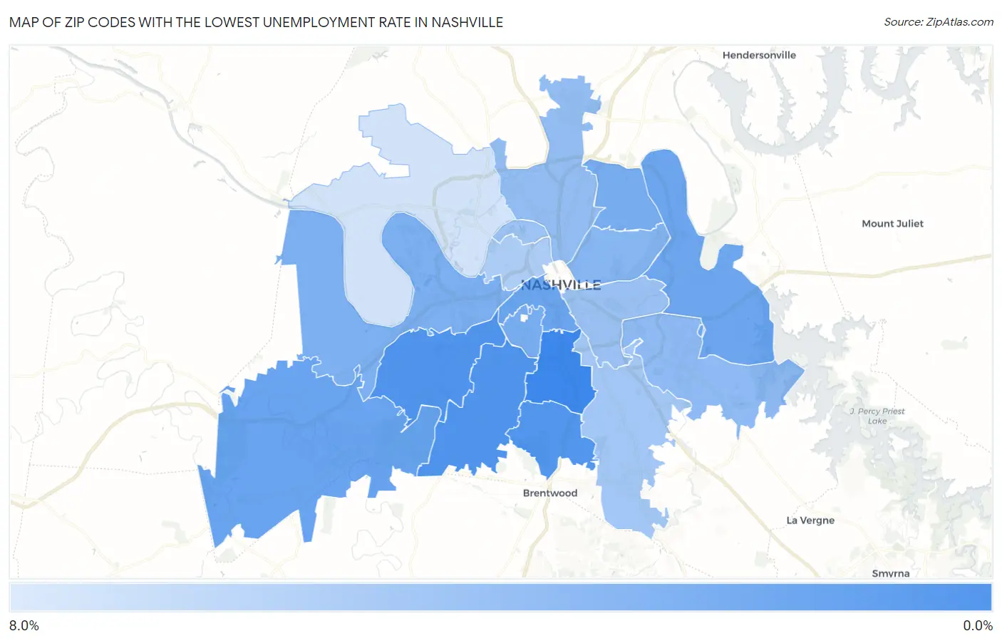 Zip Codes with the Lowest Unemployment Rate in Nashville Map