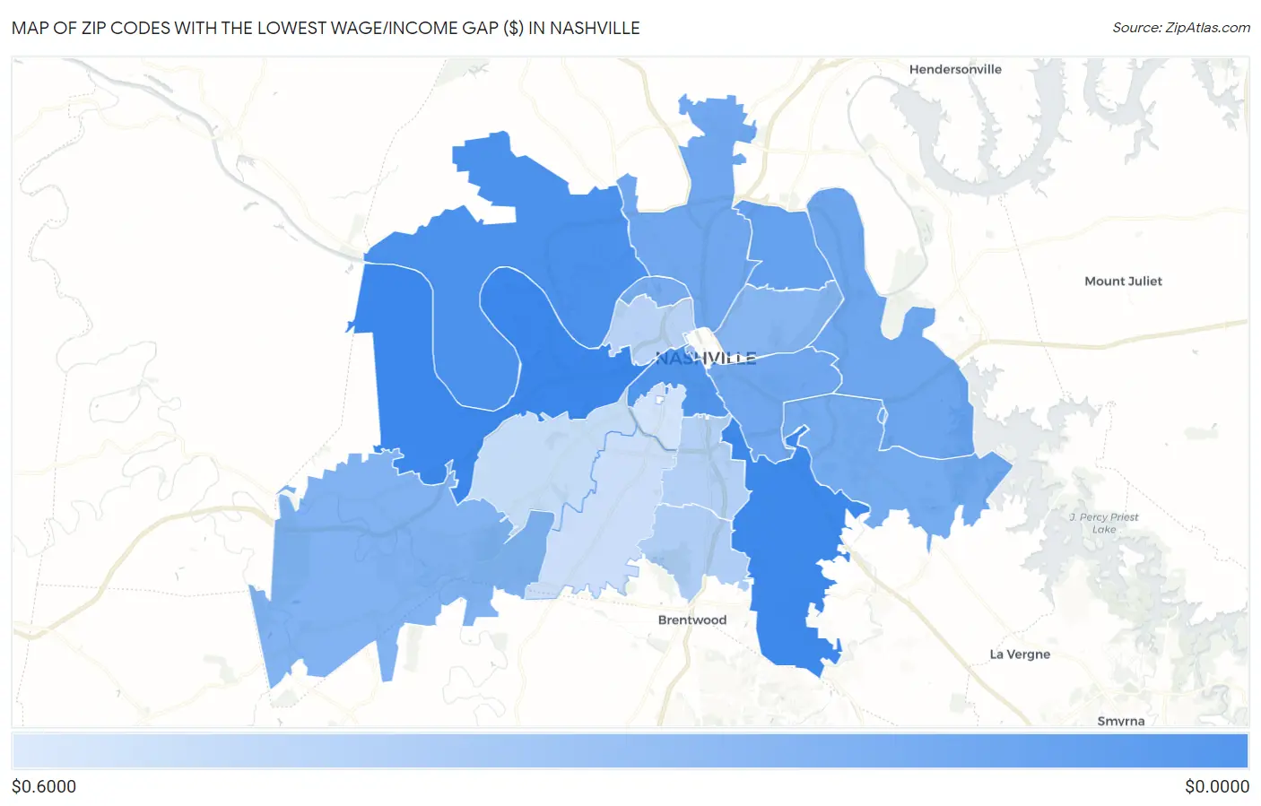 Zip Codes with the Lowest Wage/Income Gap ($) in Nashville Map