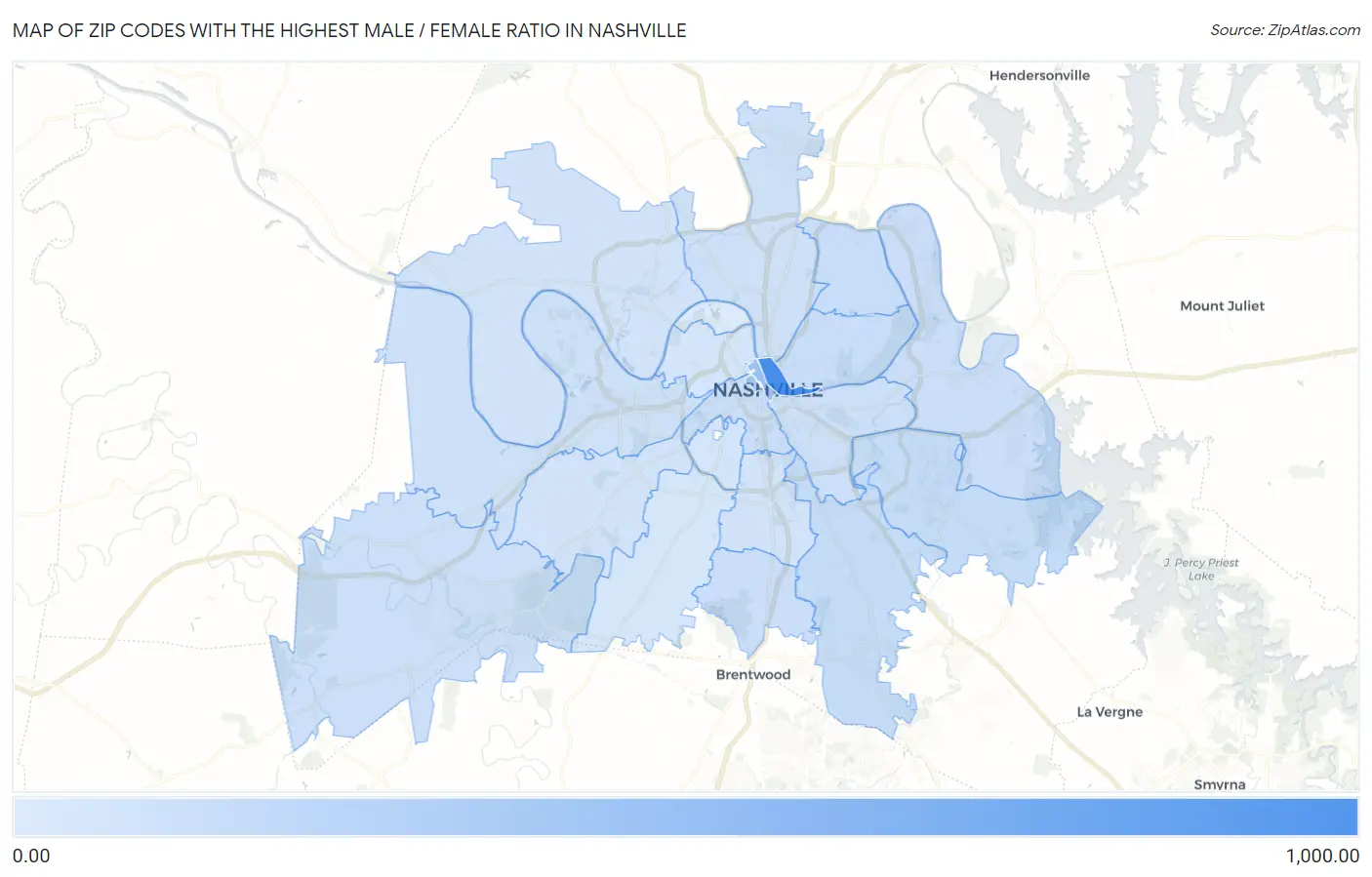 Zip Codes with the Highest Male / Female Ratio in Nashville Map