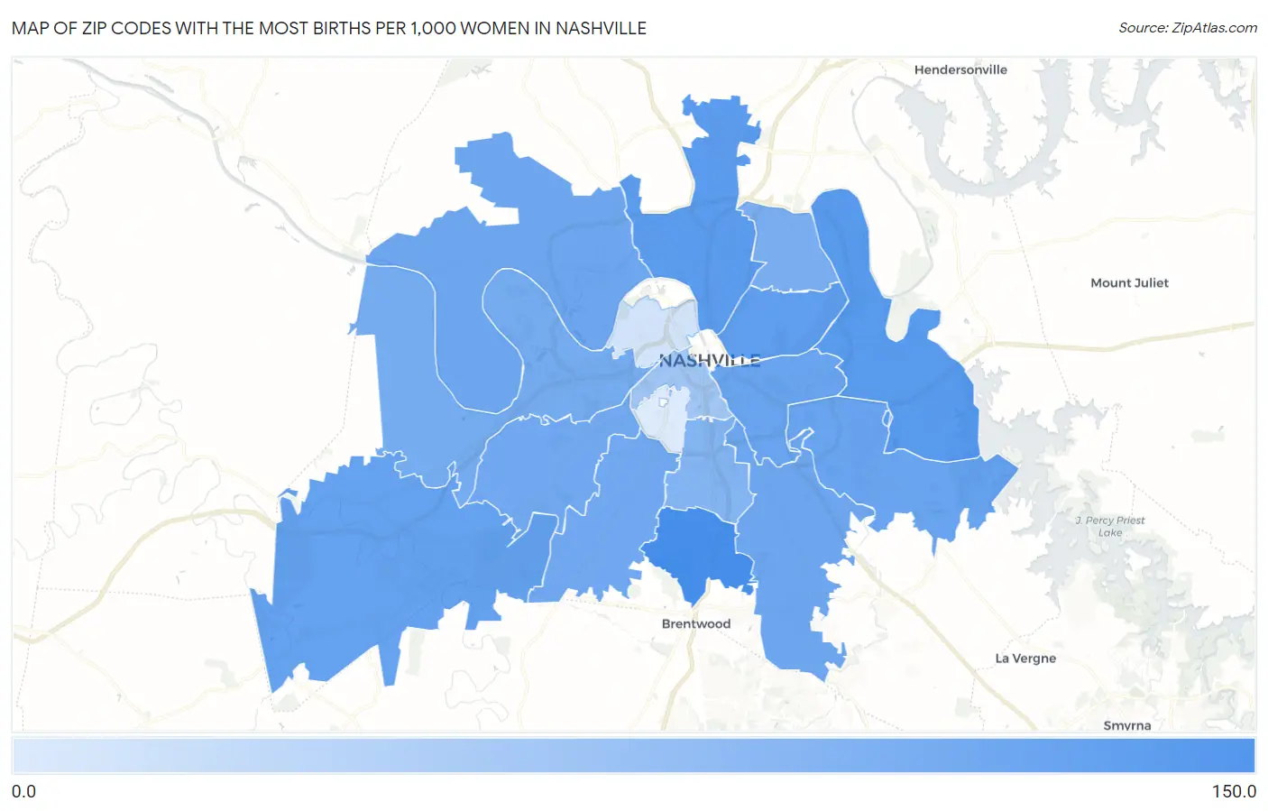 Zip Codes with the Most Births per 1,000 Women in Nashville Map