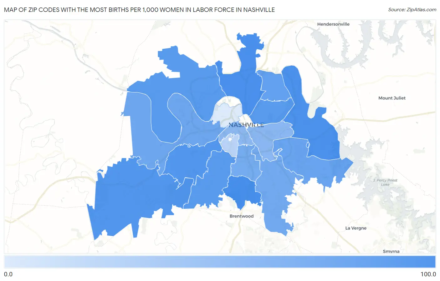 Zip Codes with the Most Births per 1,000 Women in Labor Force in Nashville Map