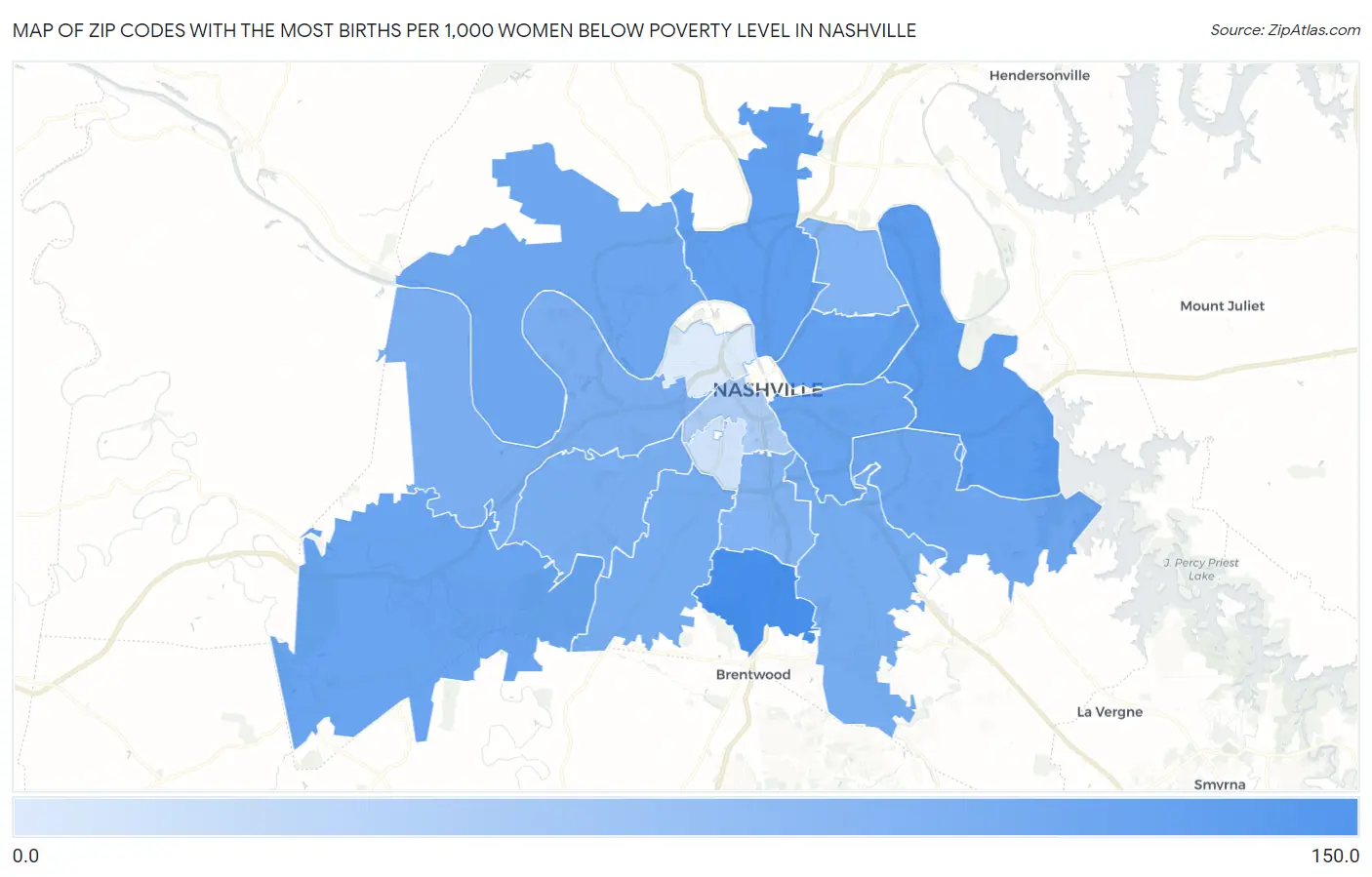 Zip Codes with the Most Births per 1,000 Women Below Poverty Level in Nashville Map