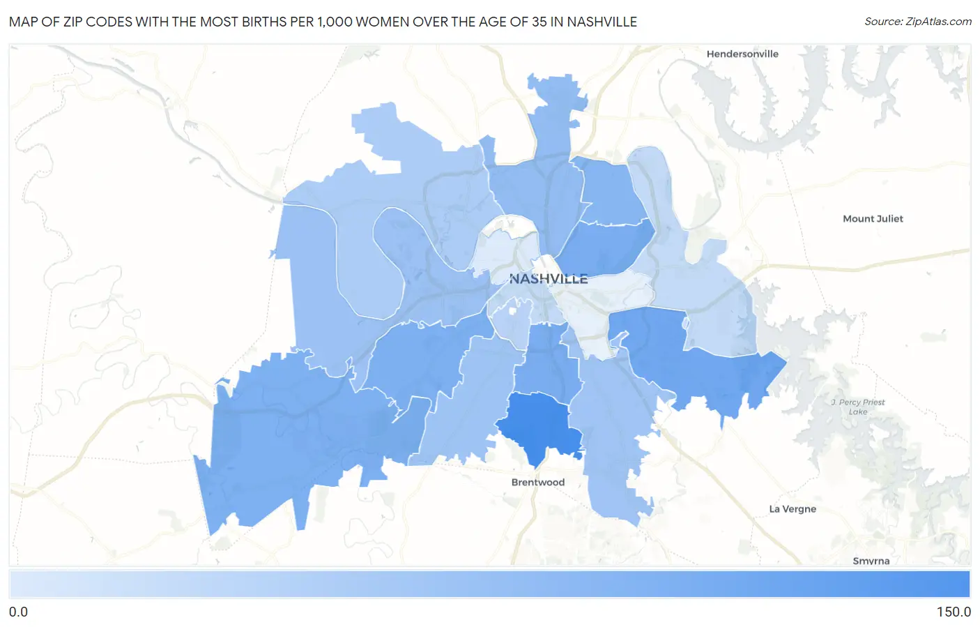Zip Codes with the Most Births per 1,000 Women Over the Age of 35 in Nashville Map