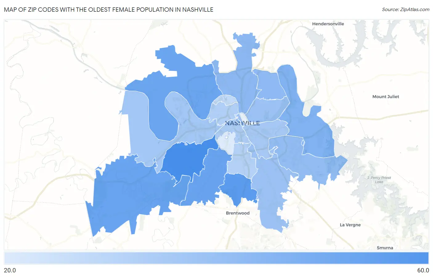 Zip Codes with the Oldest Female Population in Nashville Map