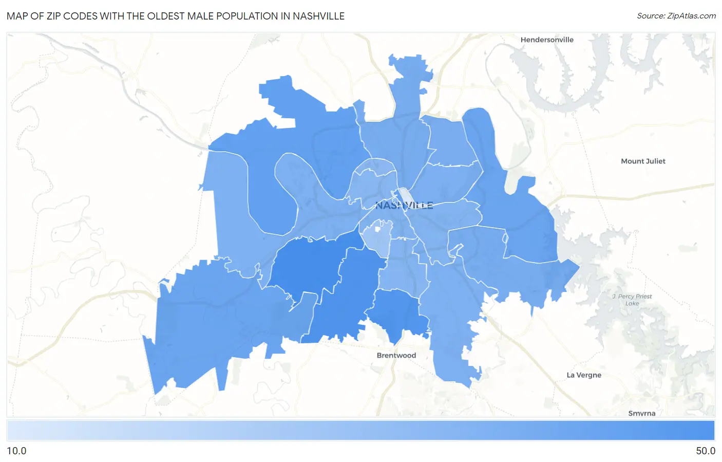 Zip Codes with the Oldest Male Population in Nashville Map