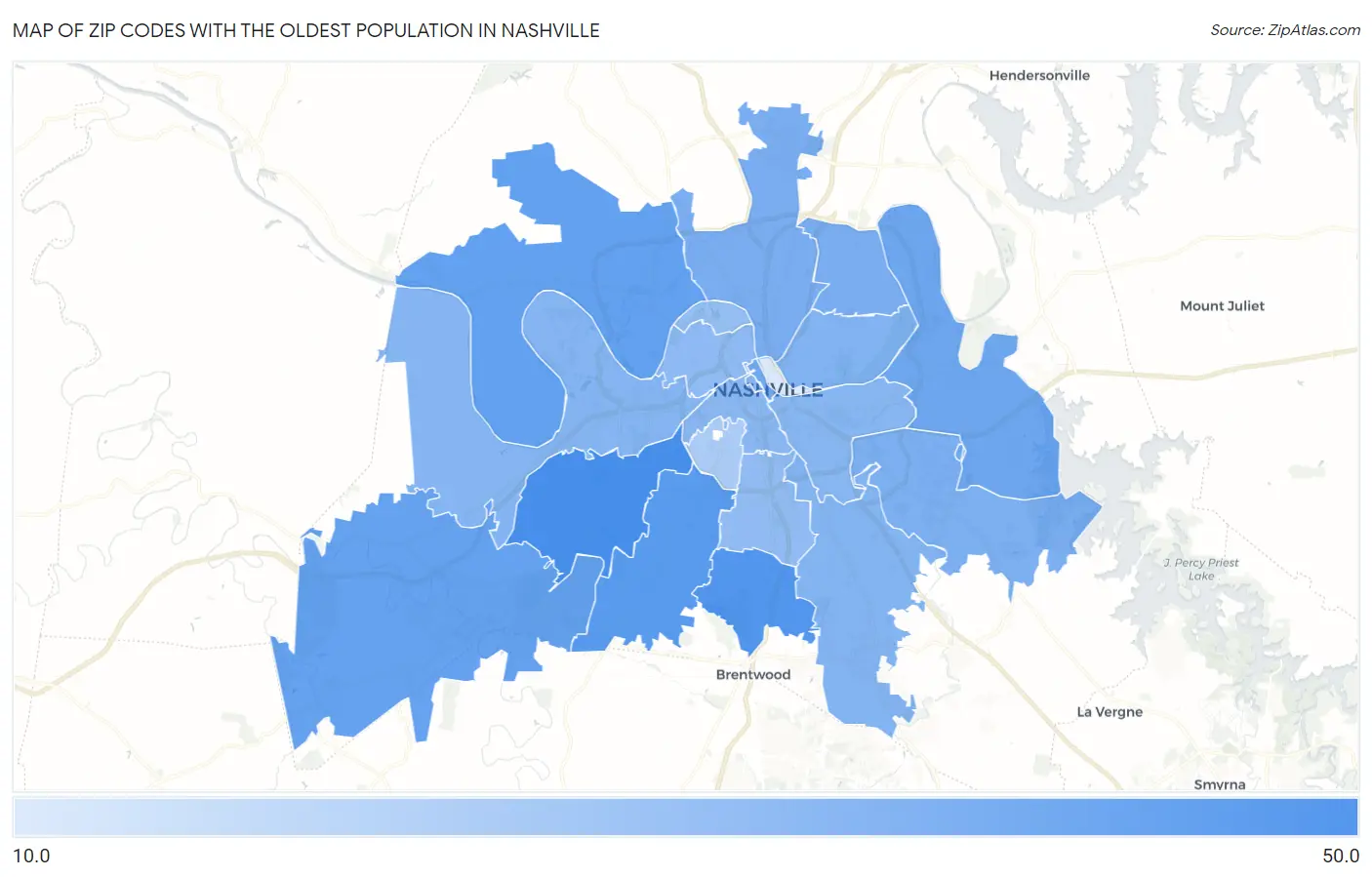 Zip Codes with the Oldest Population in Nashville Map