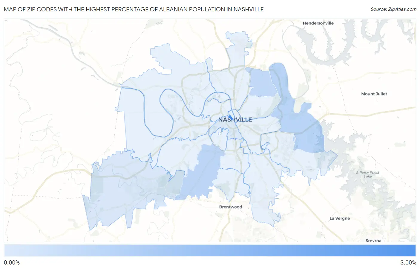Zip Codes with the Highest Percentage of Albanian Population in Nashville Map