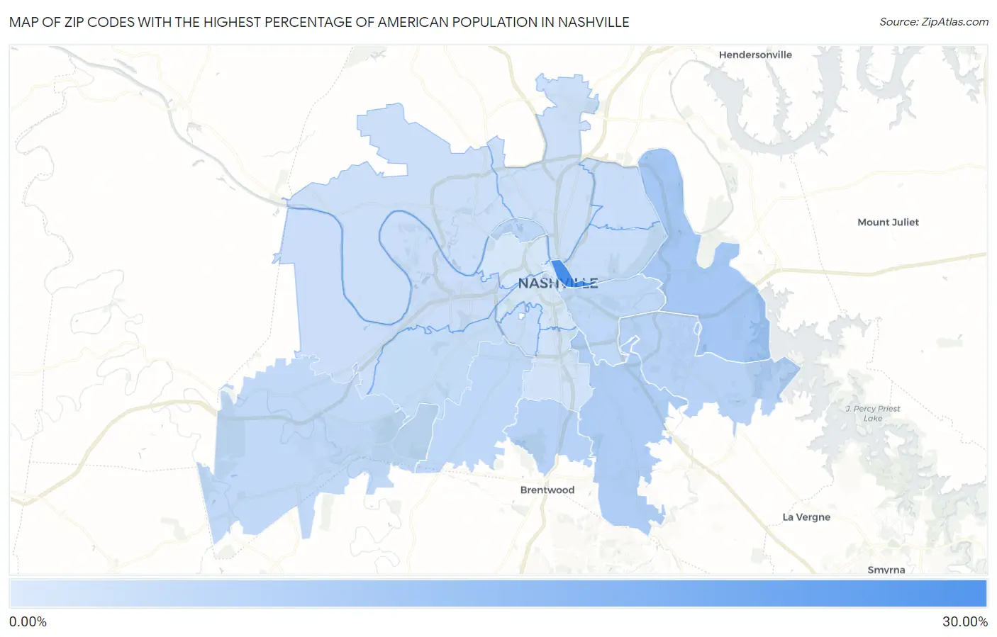 Zip Codes with the Highest Percentage of American Population in Nashville Map