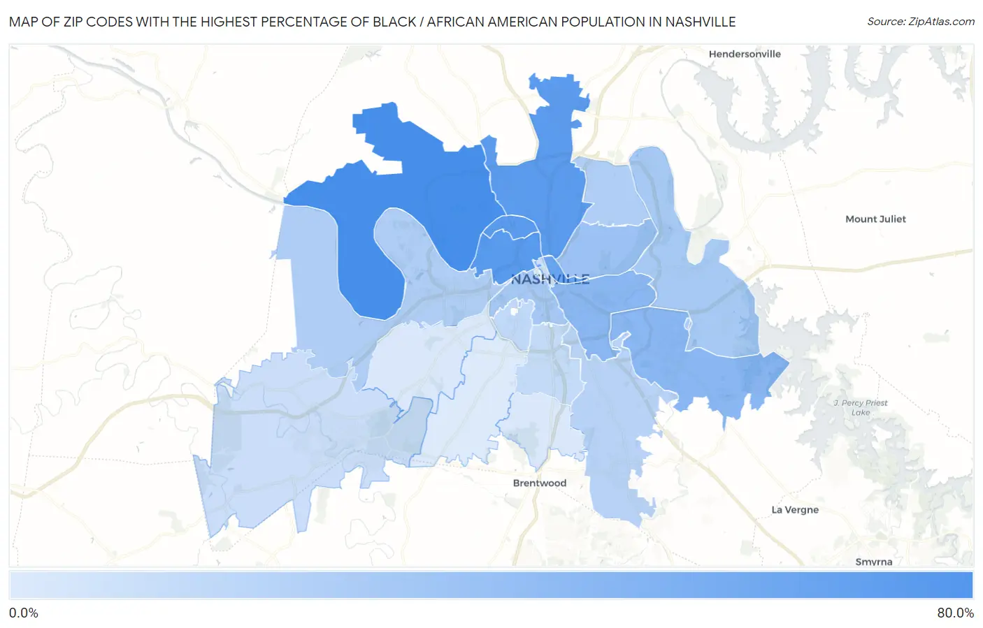 Zip Codes with the Highest Percentage of Black / African American Population in Nashville Map