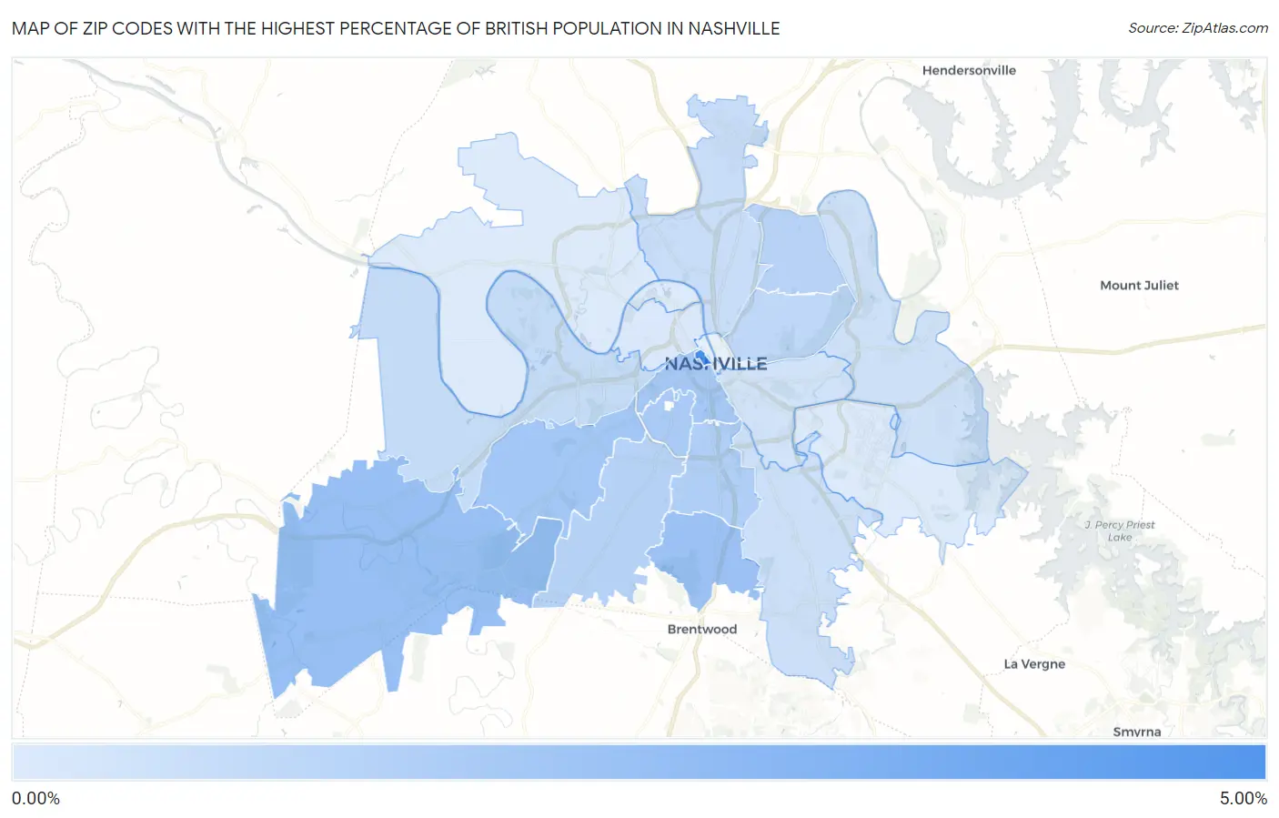 Zip Codes with the Highest Percentage of British Population in Nashville Map