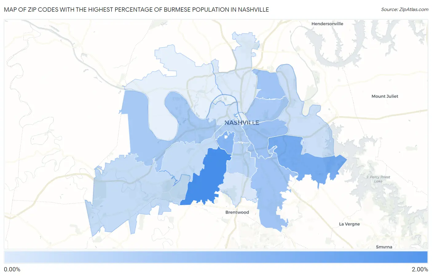 Zip Codes with the Highest Percentage of Burmese Population in Nashville Map