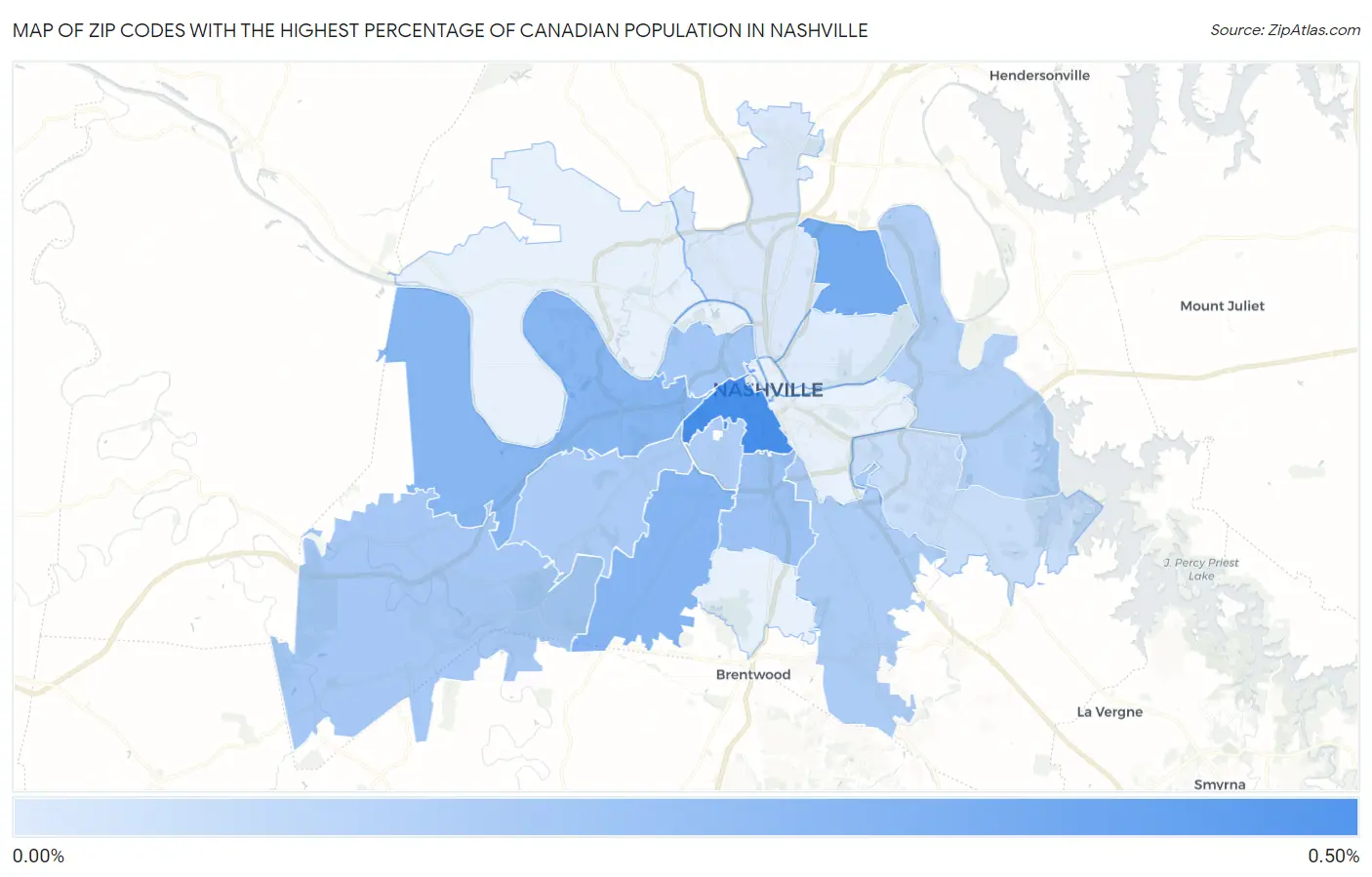 Zip Codes with the Highest Percentage of Canadian Population in Nashville Map