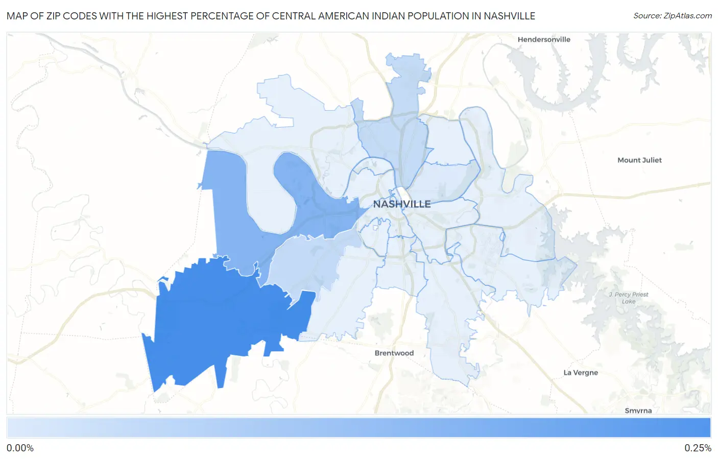 Zip Codes with the Highest Percentage of Central American Indian Population in Nashville Map