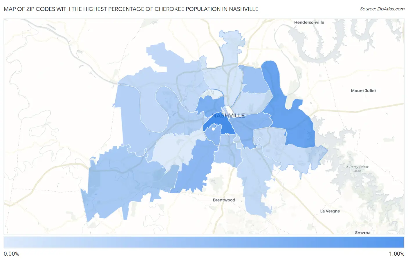 Zip Codes with the Highest Percentage of Cherokee Population in Nashville Map
