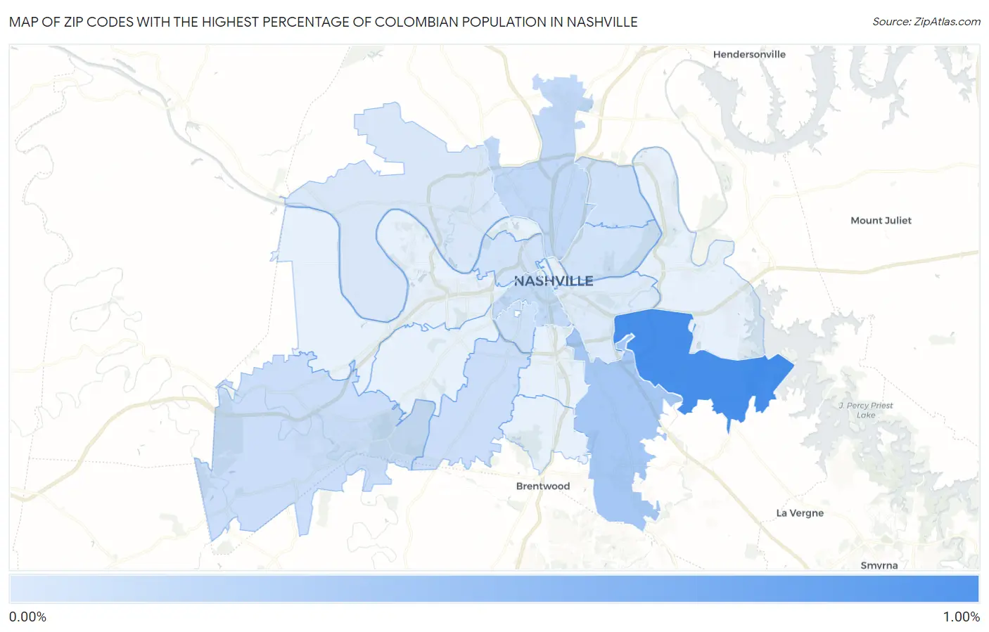 Zip Codes with the Highest Percentage of Colombian Population in Nashville Map