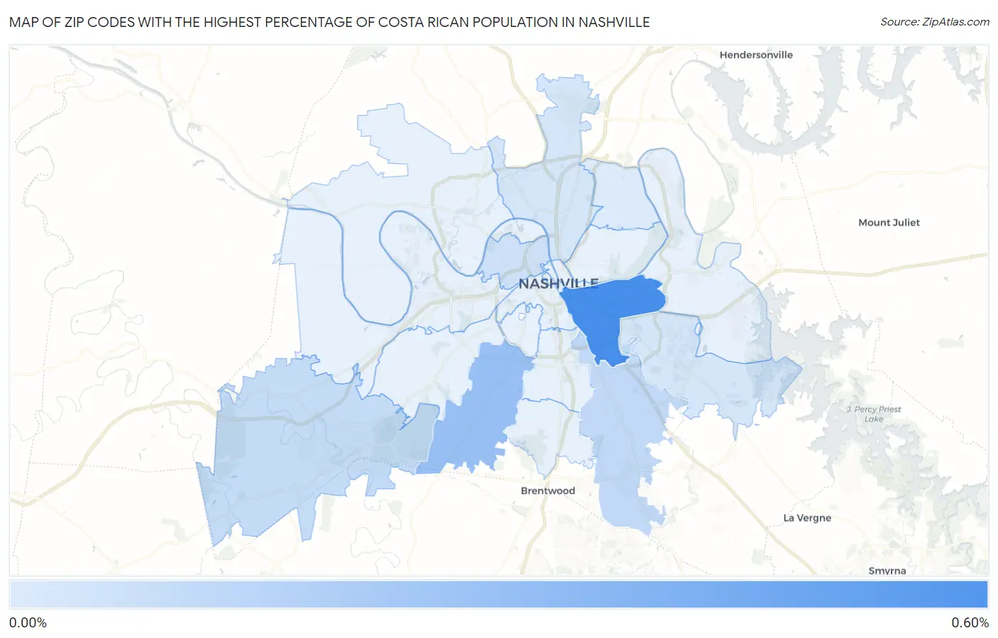 Zip Codes with the Highest Percentage of Costa Rican Population in Nashville Map
