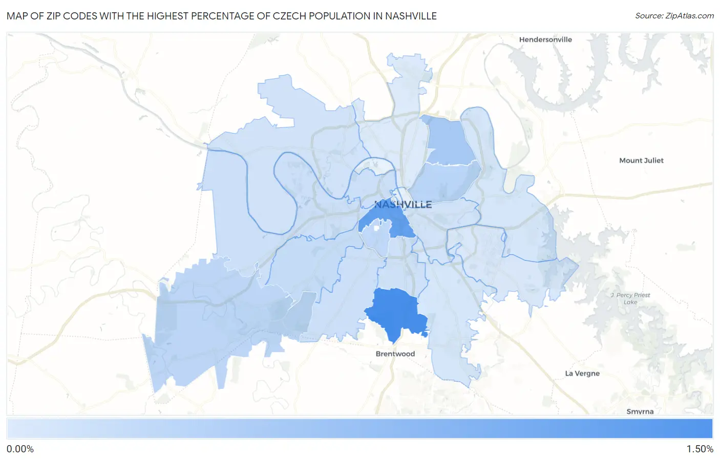 Zip Codes with the Highest Percentage of Czech Population in Nashville Map
