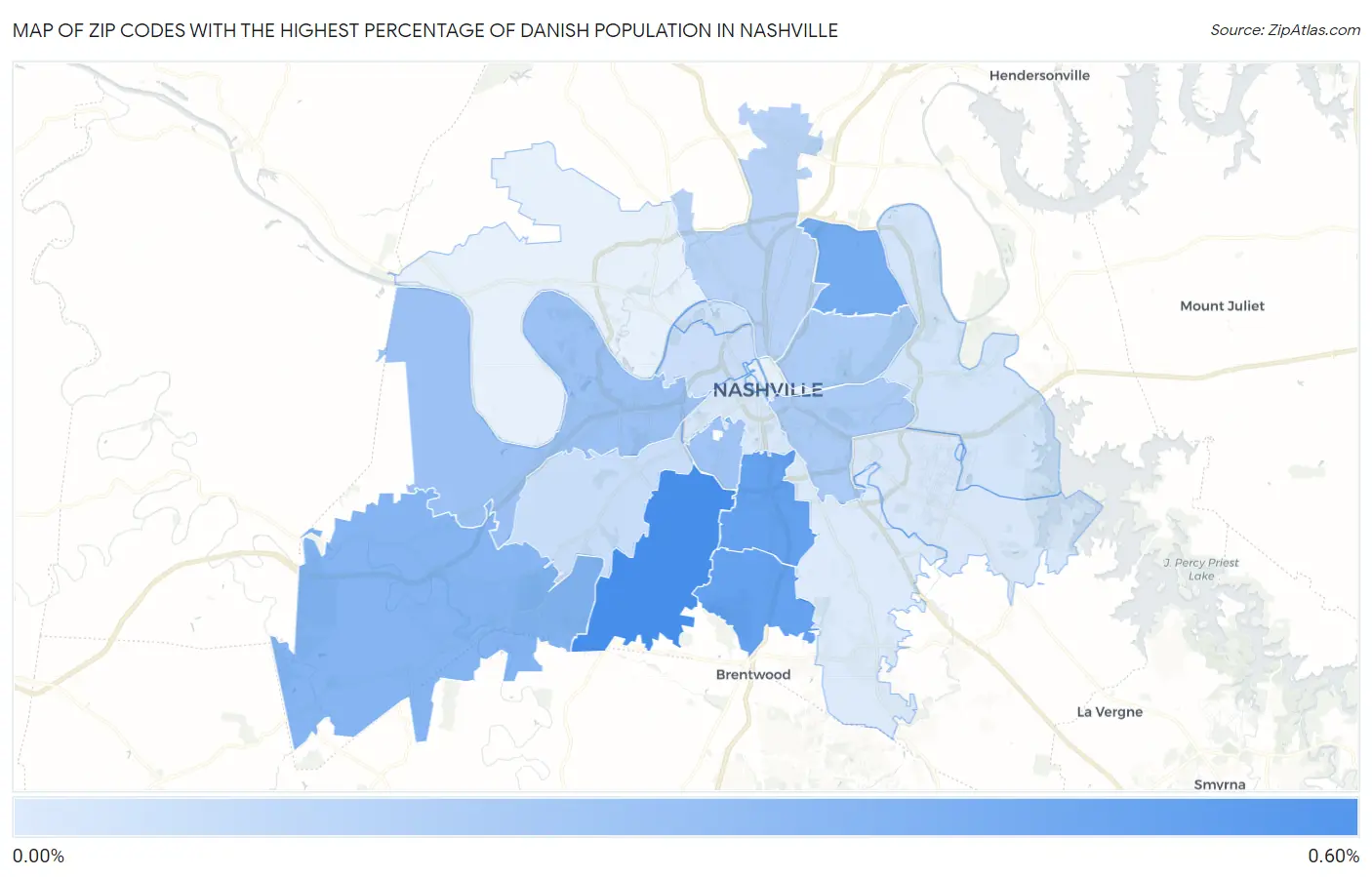 Zip Codes with the Highest Percentage of Danish Population in Nashville Map