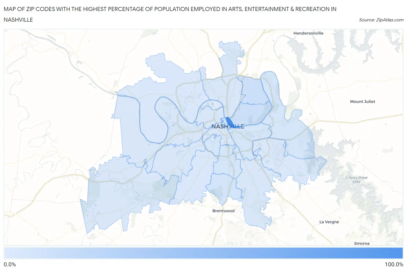 Zip Codes with the Highest Percentage of Population Employed in Arts, Entertainment & Recreation in Nashville Map