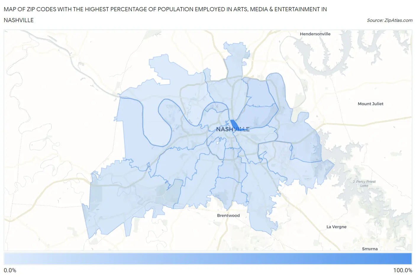 Zip Codes with the Highest Percentage of Population Employed in Arts, Media & Entertainment in Nashville Map