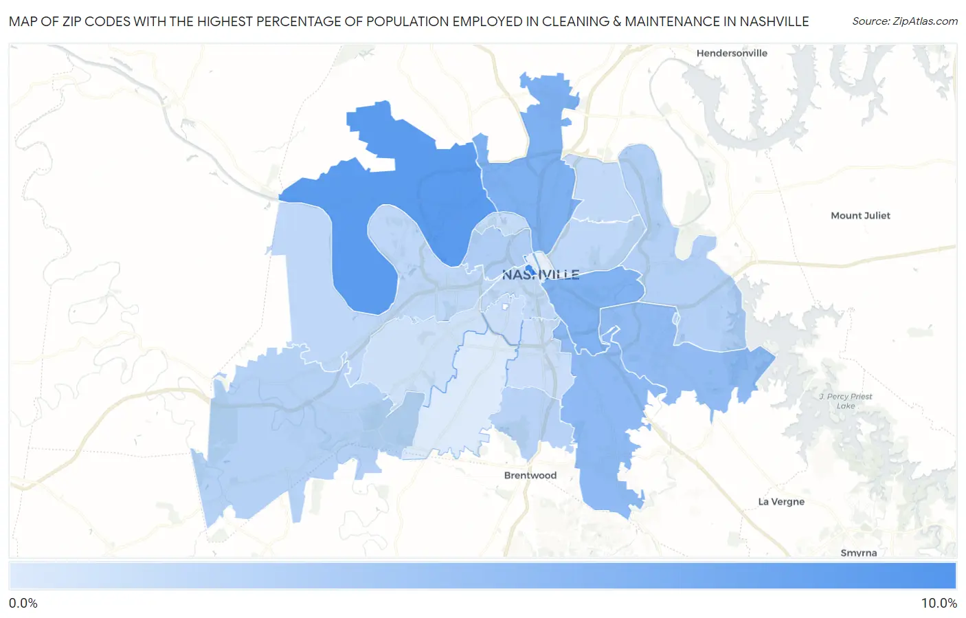 Zip Codes with the Highest Percentage of Population Employed in Cleaning & Maintenance in Nashville Map