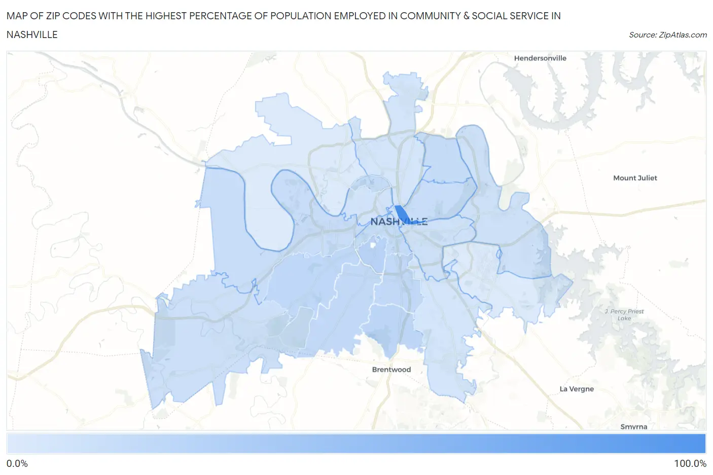 Zip Codes with the Highest Percentage of Population Employed in Community & Social Service  in Nashville Map