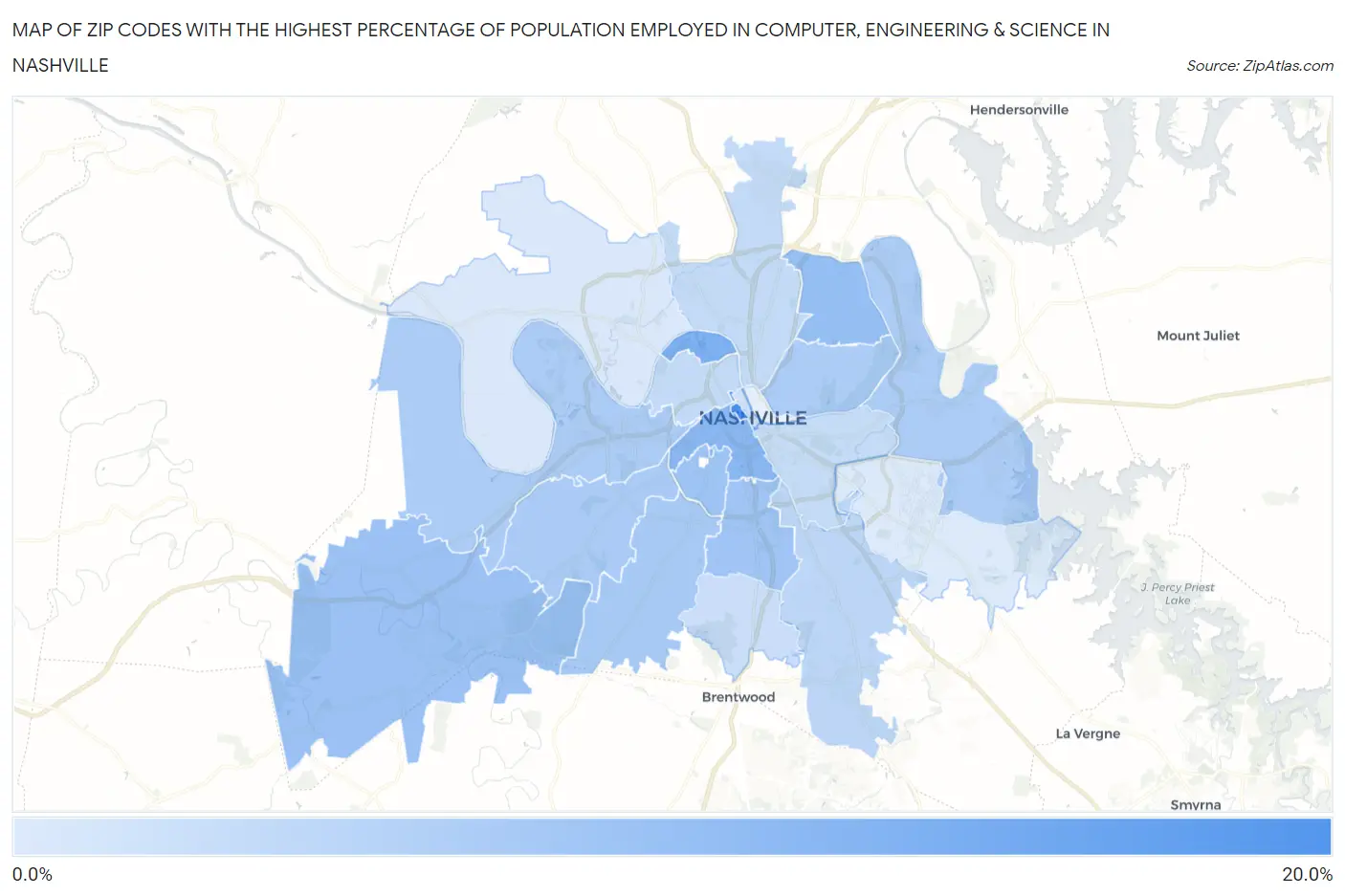 Zip Codes with the Highest Percentage of Population Employed in Computer, Engineering & Science in Nashville Map