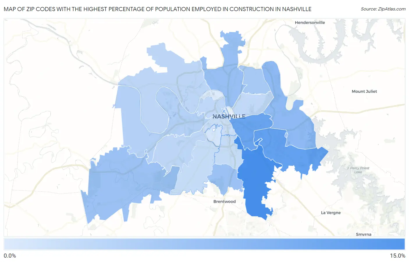 Zip Codes with the Highest Percentage of Population Employed in Construction in Nashville Map