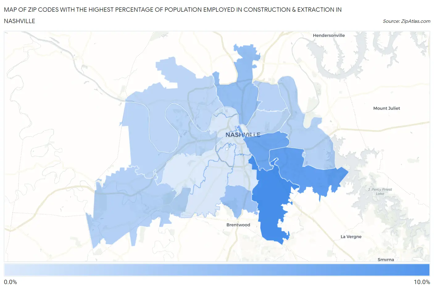 Zip Codes with the Highest Percentage of Population Employed in Construction & Extraction in Nashville Map