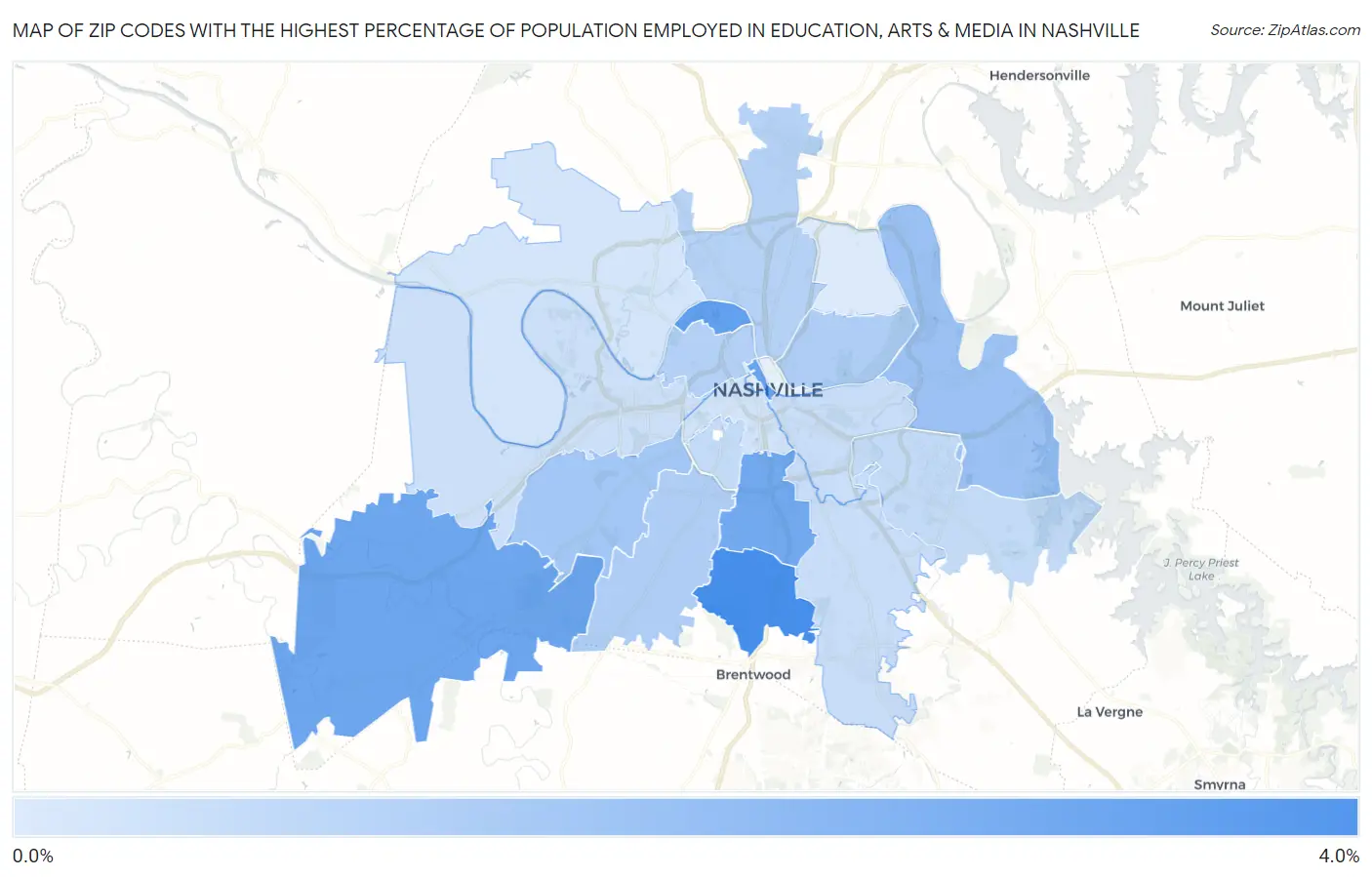 Zip Codes with the Highest Percentage of Population Employed in Education, Arts & Media in Nashville Map