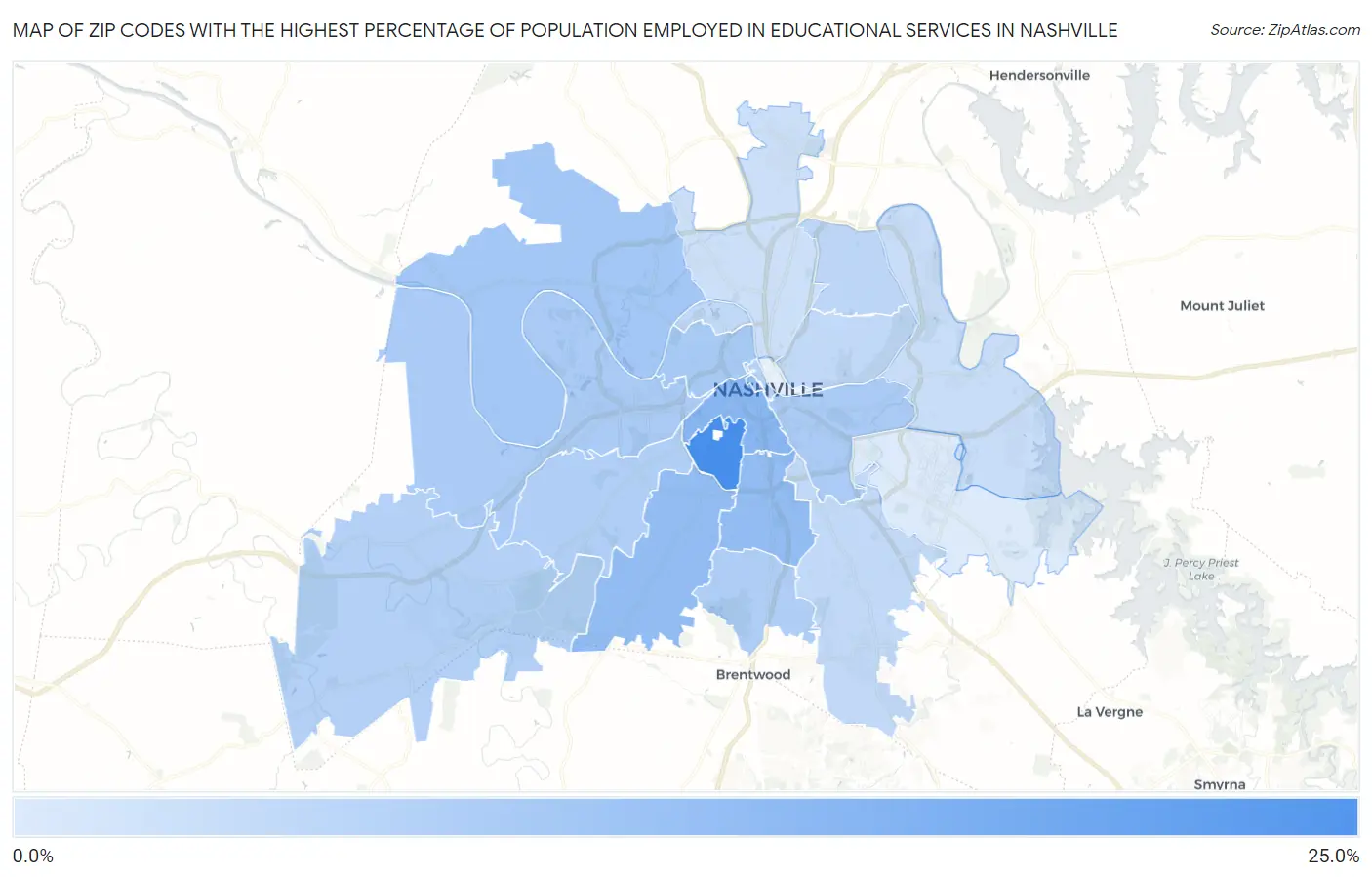 Zip Codes with the Highest Percentage of Population Employed in Educational Services in Nashville Map