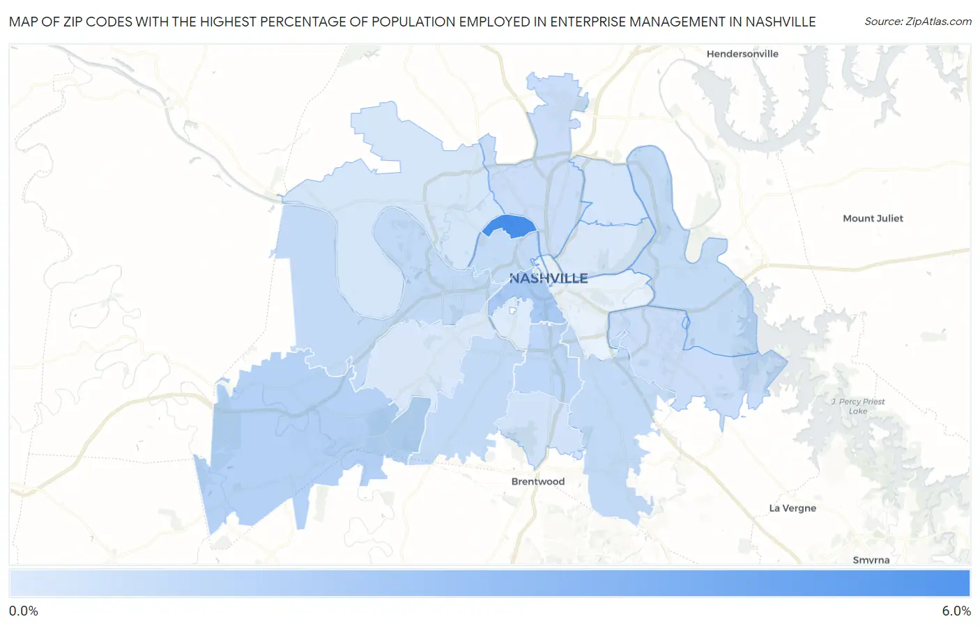 Zip Codes with the Highest Percentage of Population Employed in Enterprise Management in Nashville Map