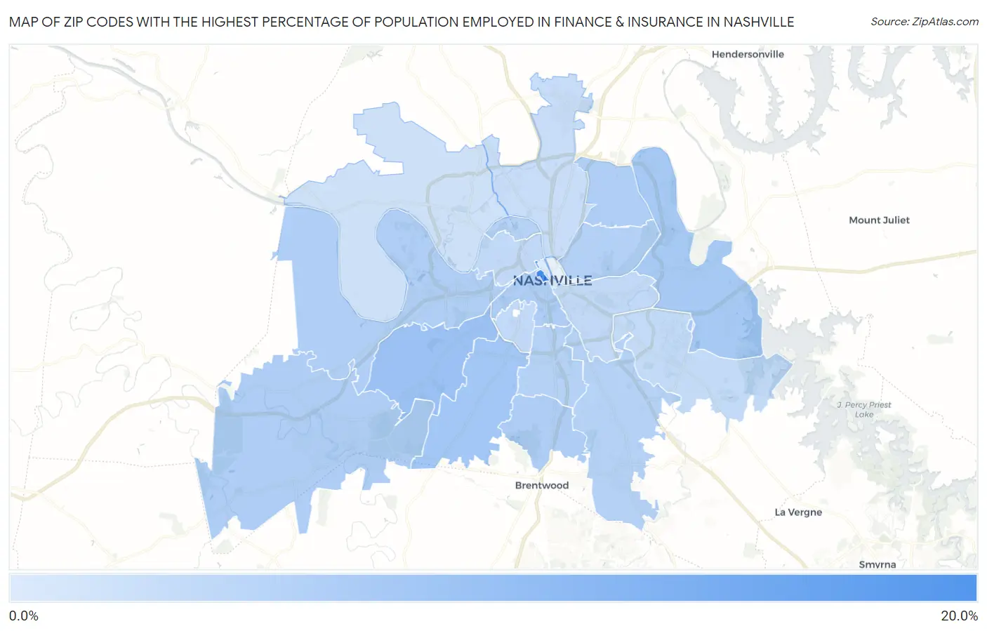 Zip Codes with the Highest Percentage of Population Employed in Finance & Insurance in Nashville Map